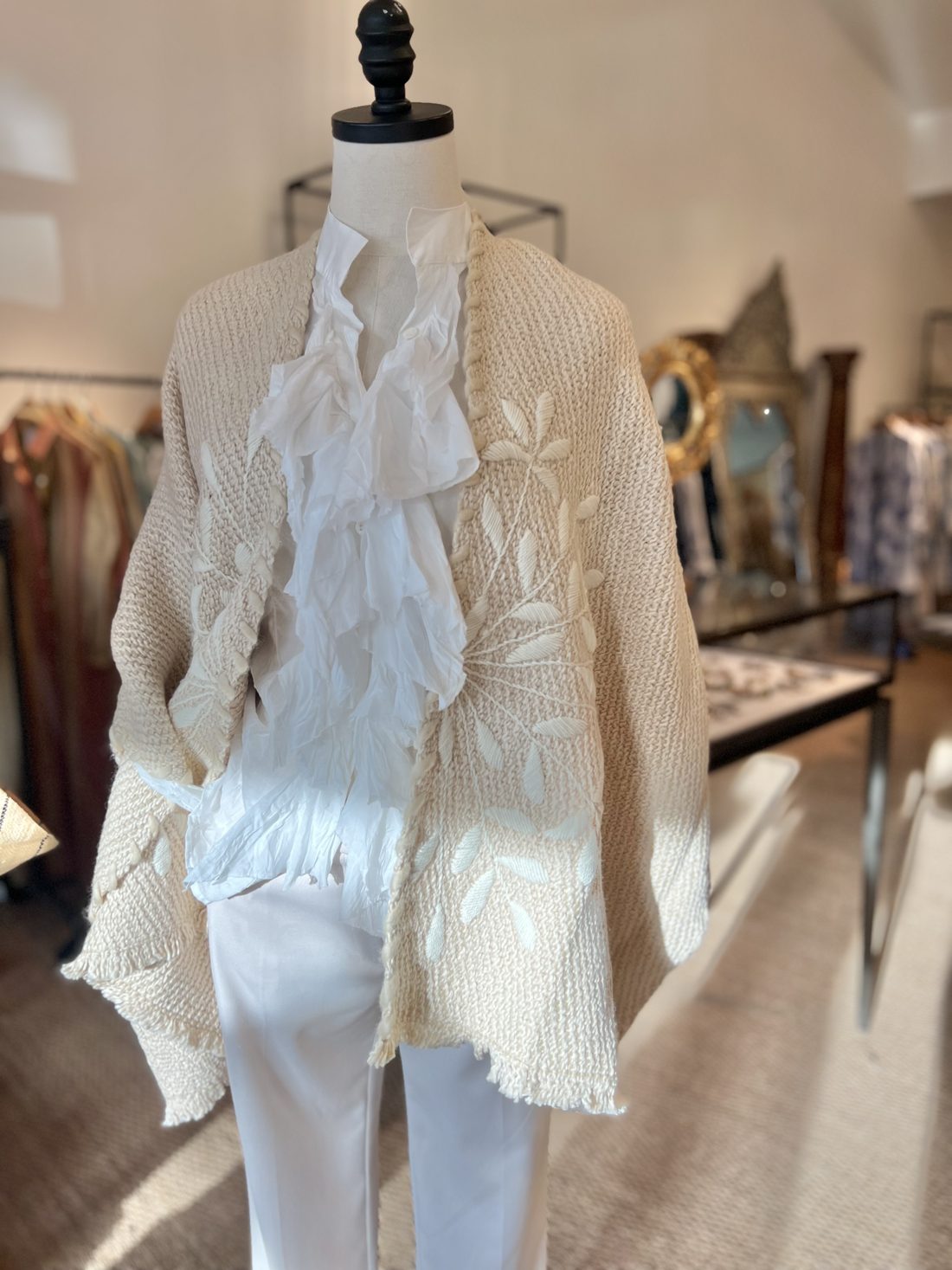 Cream ruffled blouse, hand-finished